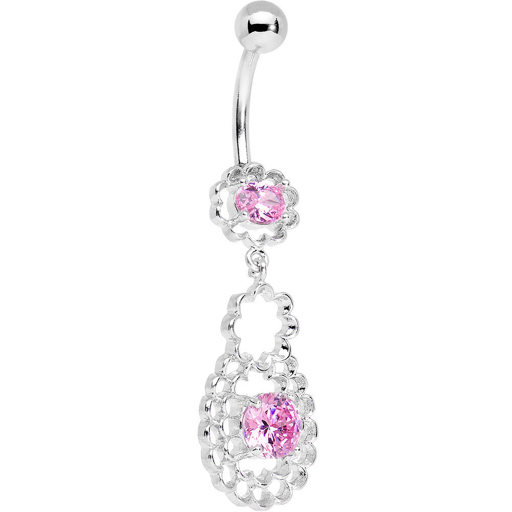 Pink CZ Gem Quatrefoil Layered Flowing Flower Form Dangle Belly Ring