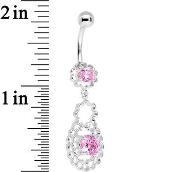 Pink CZ Gem Quatrefoil Layered Flowing Flower Form Dangle Belly Ring