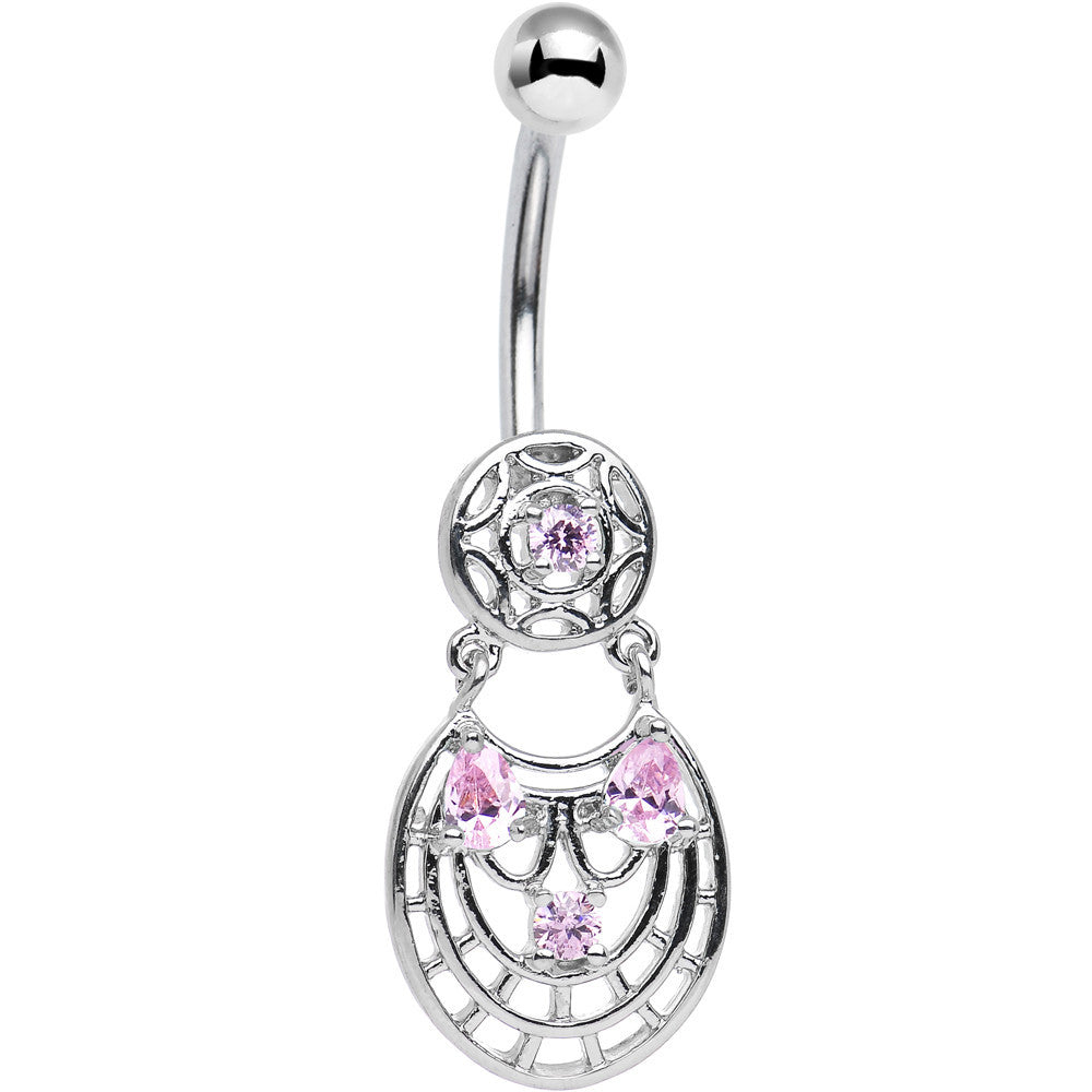 Pink CZ Gem Circular Woven Pattern Dangle Belly Ring