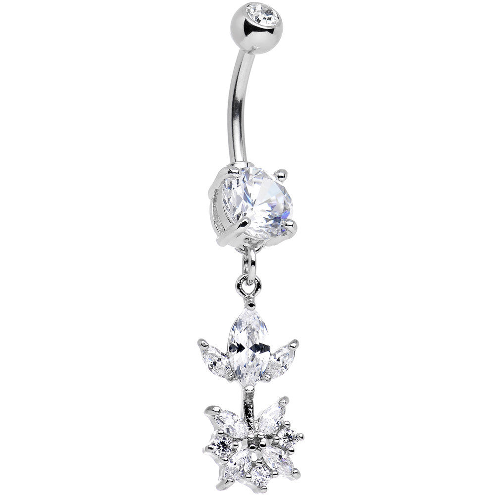 Clear CZ Gem Glitter Budding Flower Dangle Belly Ring