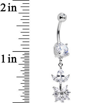 Clear CZ Gem Glitter Budding Flower Dangle Belly Ring