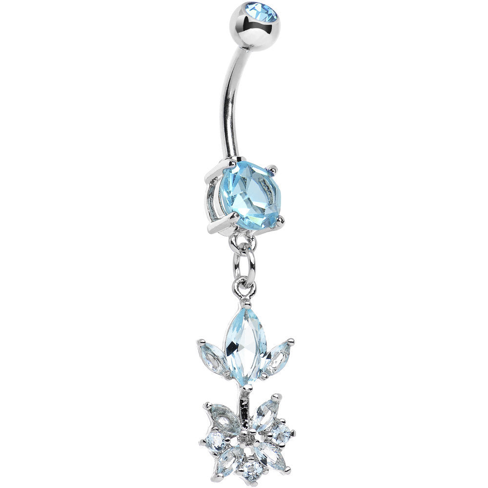 Blue CZ Gem Glitter Budding Flower Dangle Belly Ring