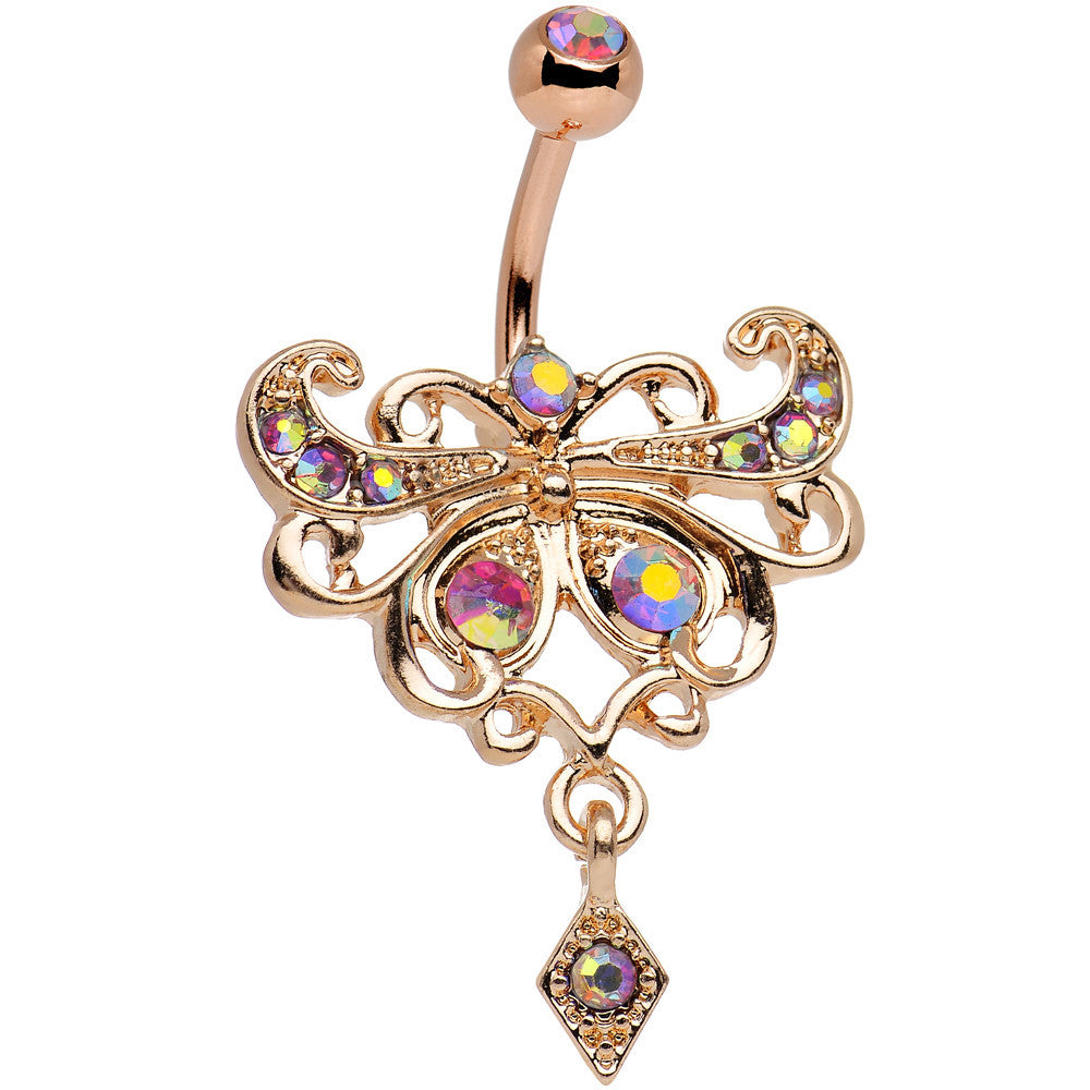 Rose Gold Anodized Red Iridescent Gem Butterfly Dangle Belly Ring