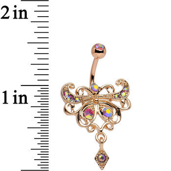 Rose Gold Anodized Red Iridescent Gem Butterfly Dangle Belly Ring