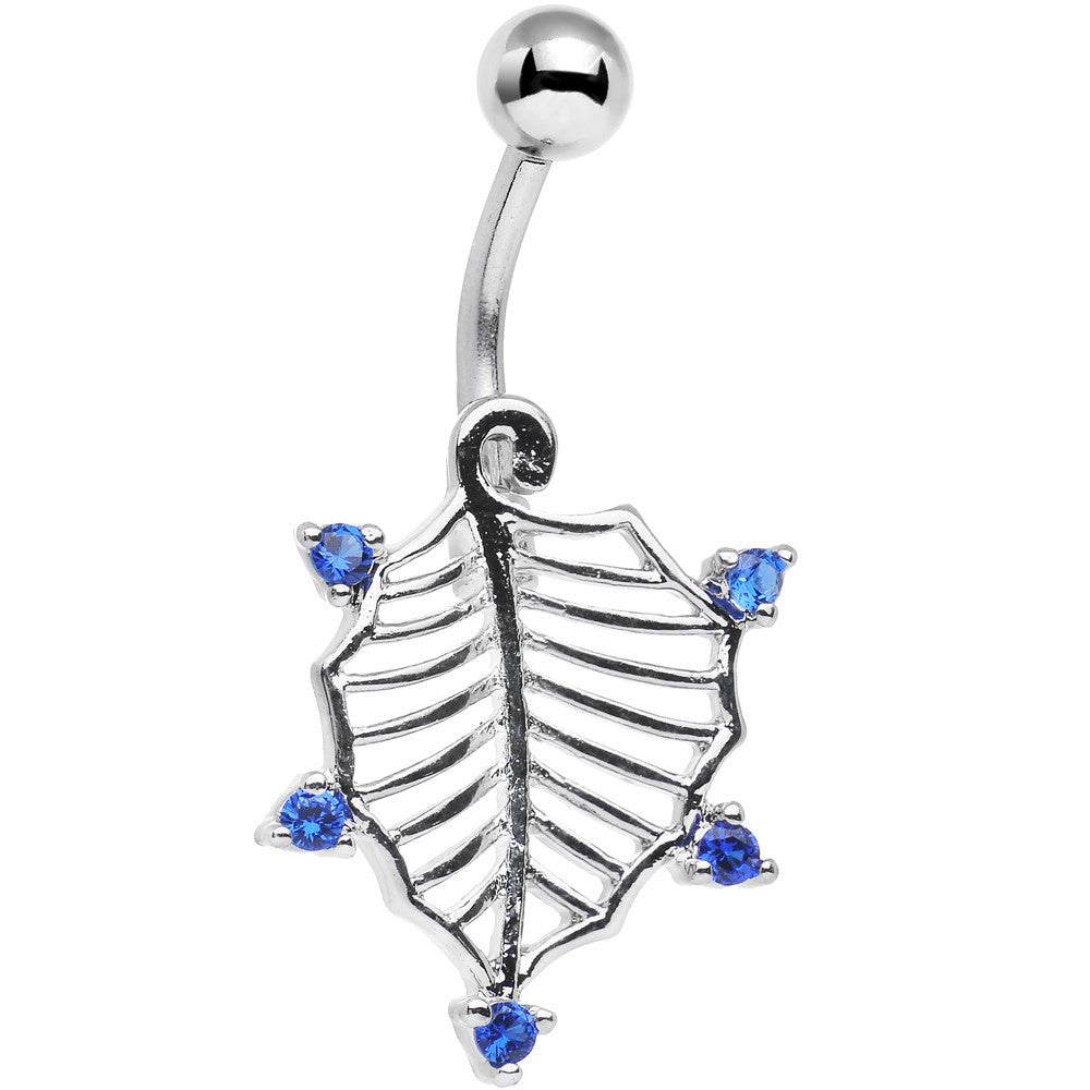 Blue CZ Gem Lattice Style Hawthorne Leaf Dangle Belly Ring