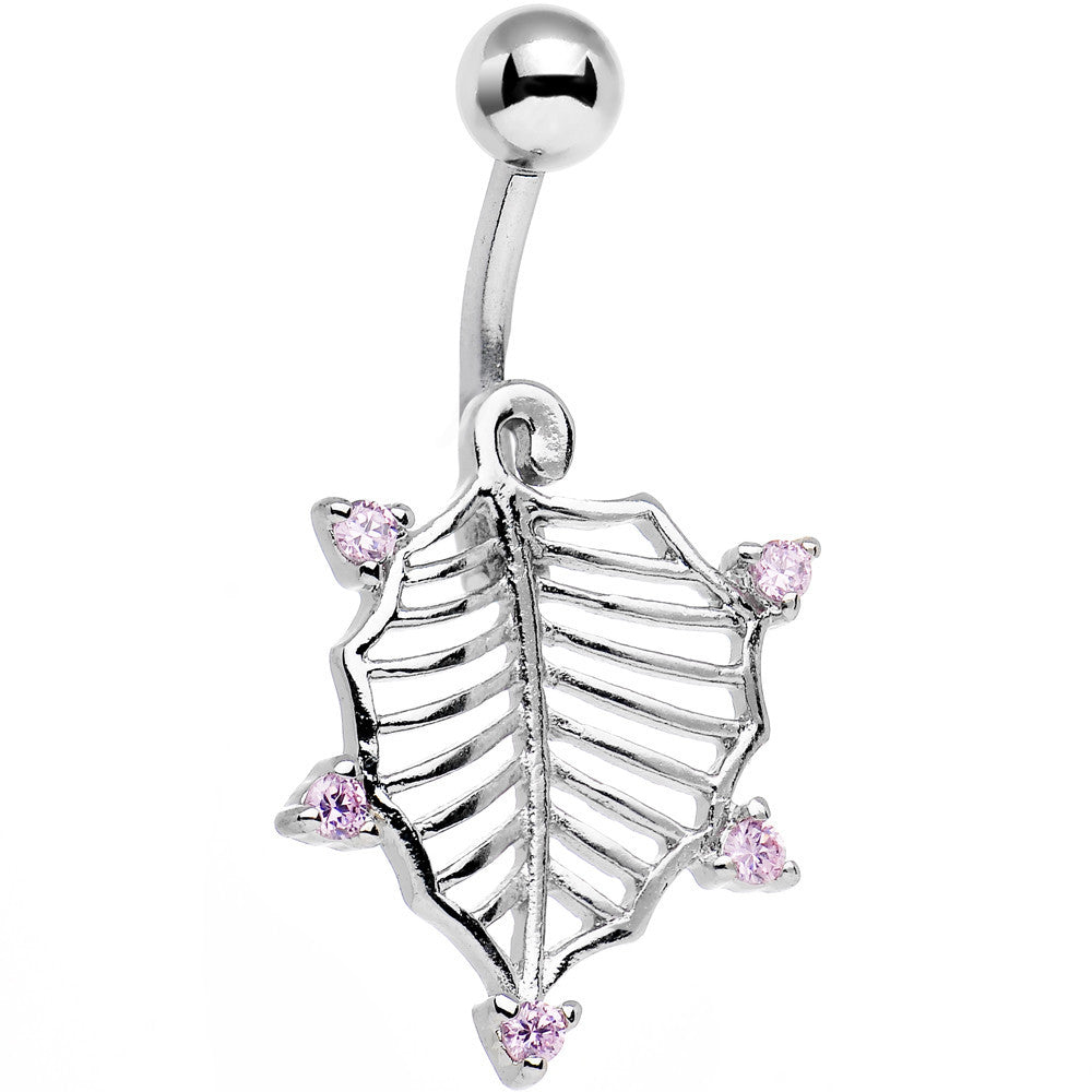 Pink CZ Gem Lattice Style Hawthorne Leaf Dangle Belly Ring