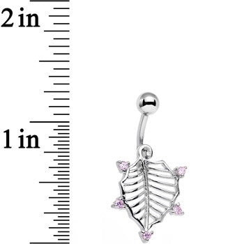 Pink CZ Gem Lattice Style Hawthorne Leaf Dangle Belly Ring