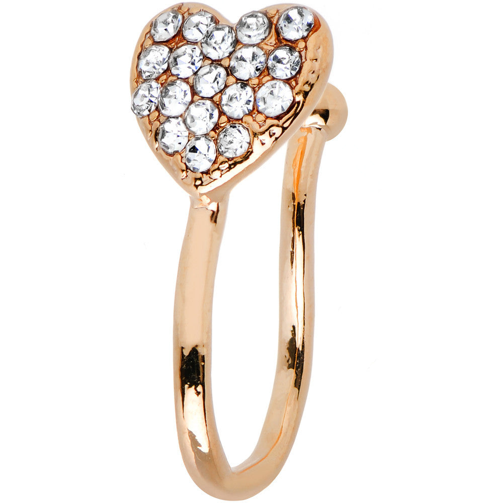 Clear Gem Rose Gold IP Paved Heart Clip On Fake Nose Ring