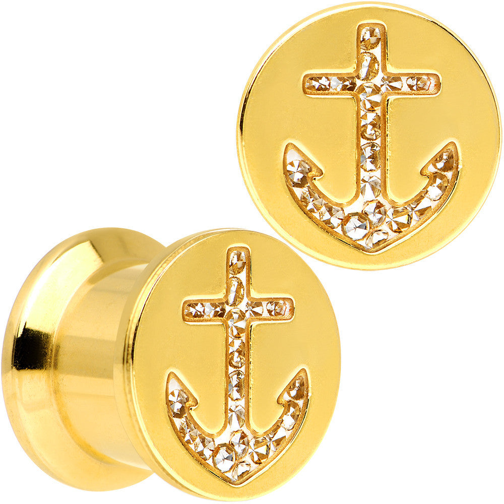 00 Gauge Gold Plated Steel Clear Gem Anchor Saddle Stash Plug Set