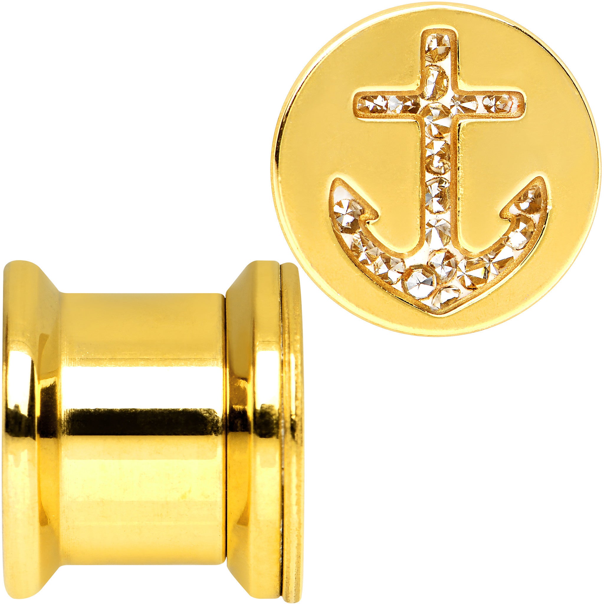 00 Gauge Gold Plated Steel Clear Gem Anchor Saddle Stash Plug Set