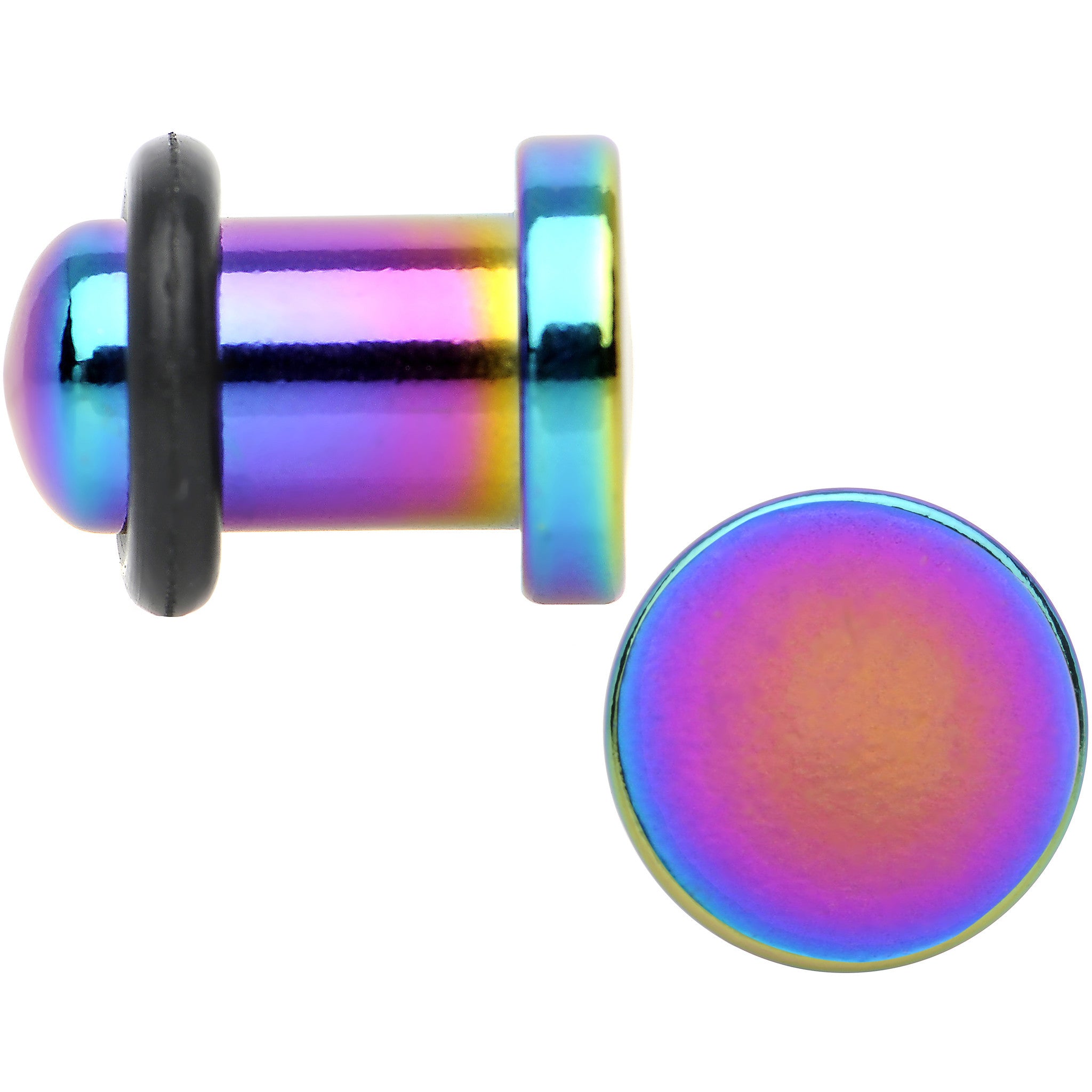 2 Gauge Rainbow Titanium Plated Steel Flat Top Single Flare Plug Set