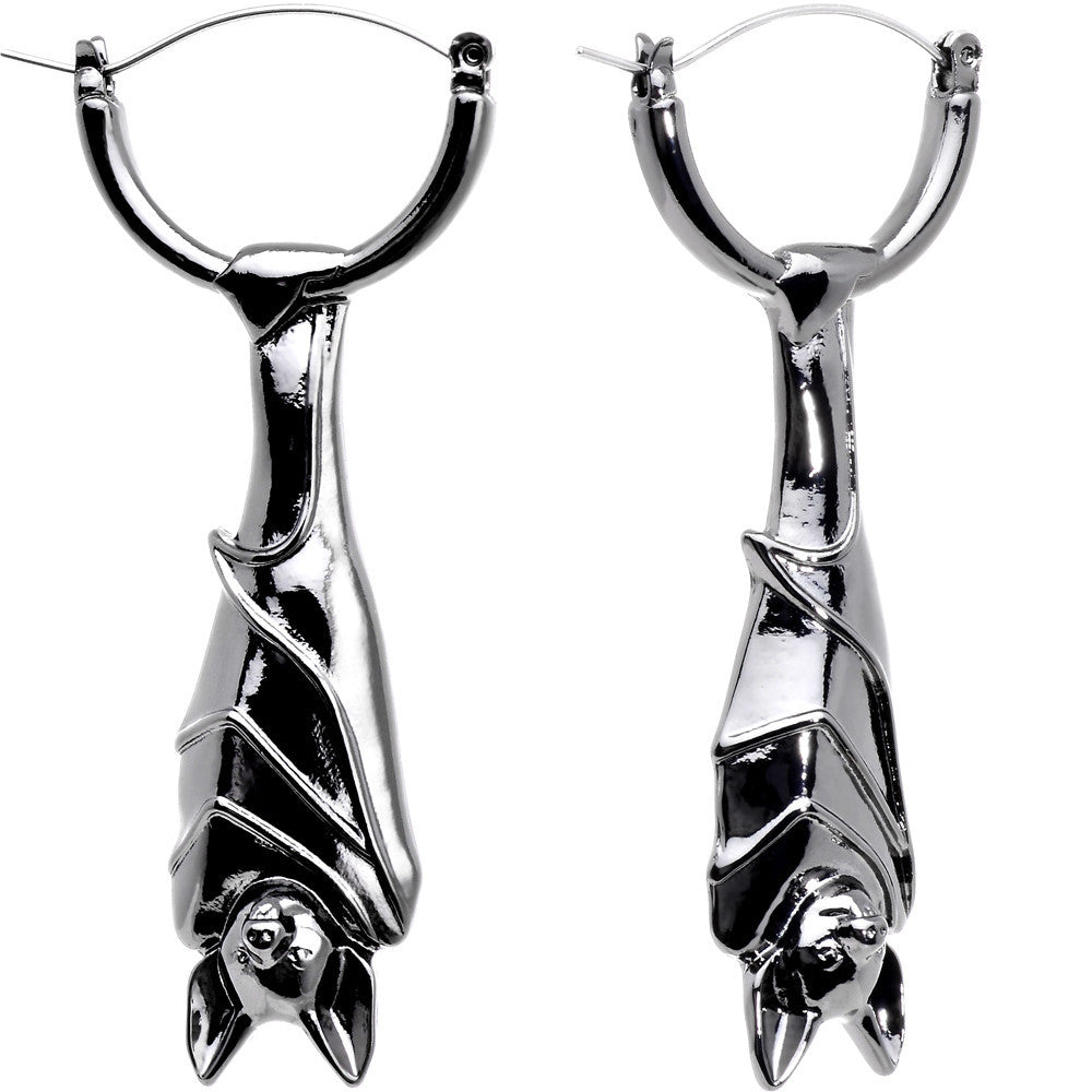 Black Hanging Halloween Bat Dangle Tunnel Hoop Earrings