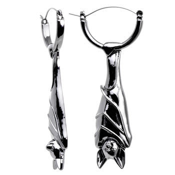 Black Hanging Halloween Bat Dangle Tunnel Hoop Earrings