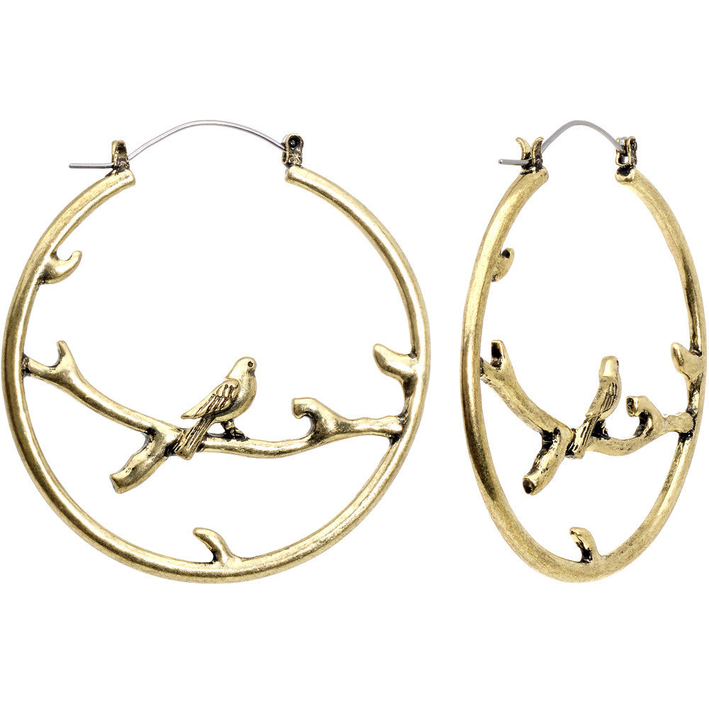 Bronze-colored Bird on Branch Tunnel Hoop Earrings