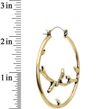 Bronze-colored Bird on Branch Tunnel Hoop Earrings