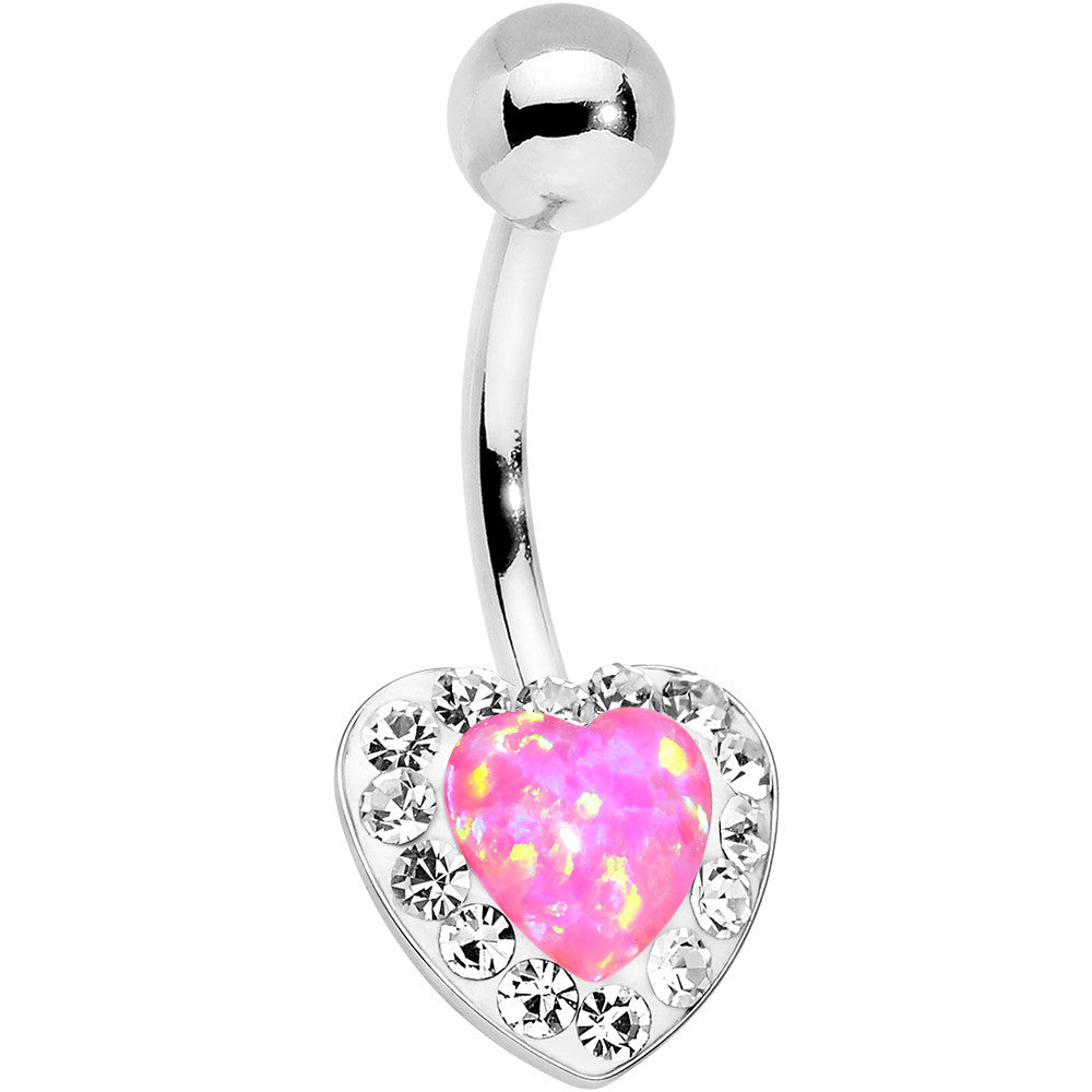 Pink Synthetic Opal Clear Accent Heart Bottom Mount Belly Ring