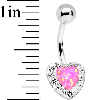 Pink Synthetic Opal Clear Accent Heart Bottom Mount Belly Ring