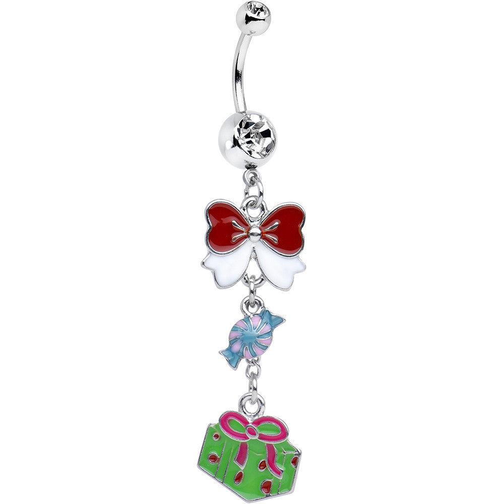 Clear Gem Christmas Present and Bow Dangle Belly Ring