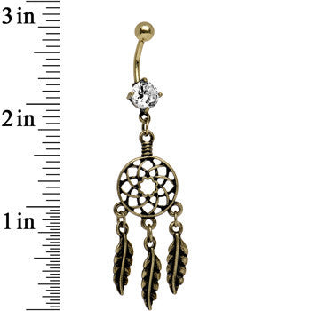 Clear CZ Burnished Gold Anodized Dreamcatcher Dangle Belly Ring