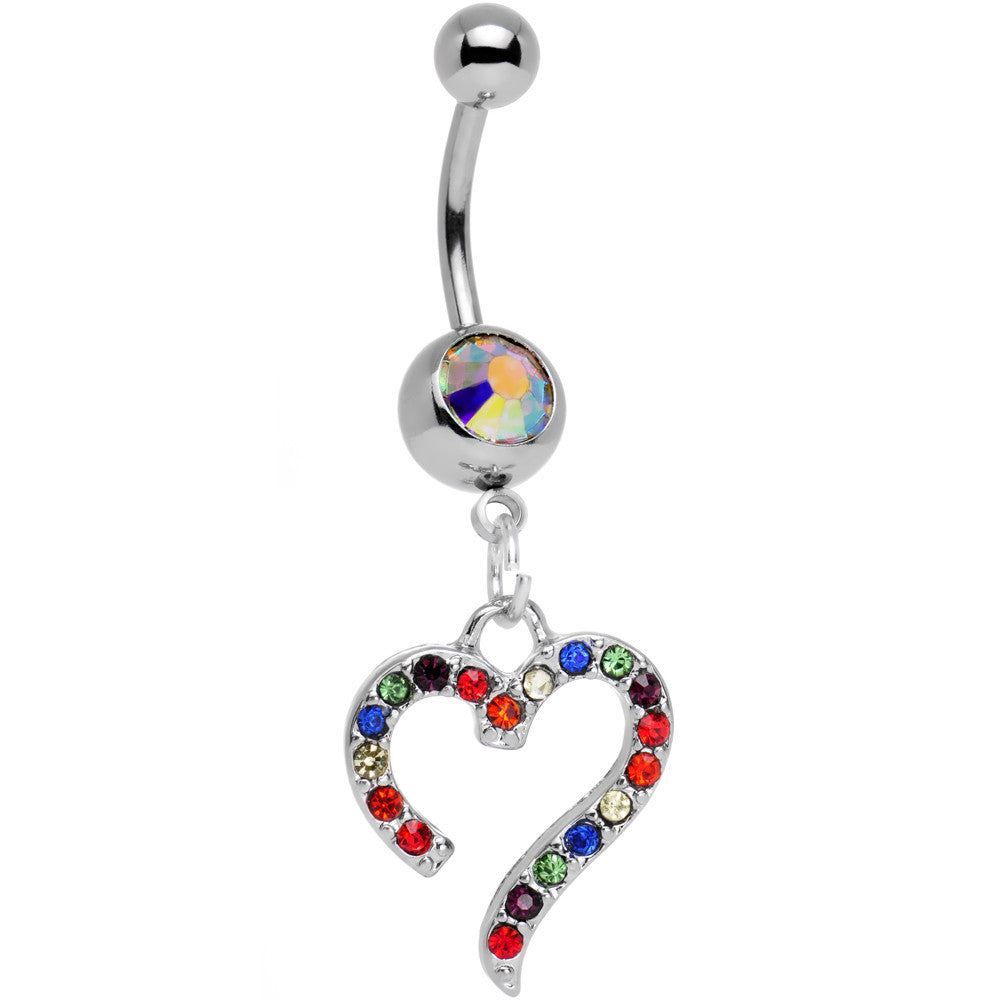 Aurora Gem Stainless Steel Rainbow Heart Dangle Belly Ring