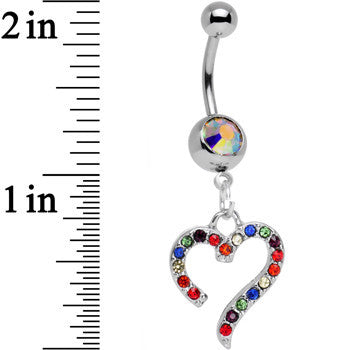 Aurora Gem Stainless Steel Rainbow Heart Dangle Belly Ring