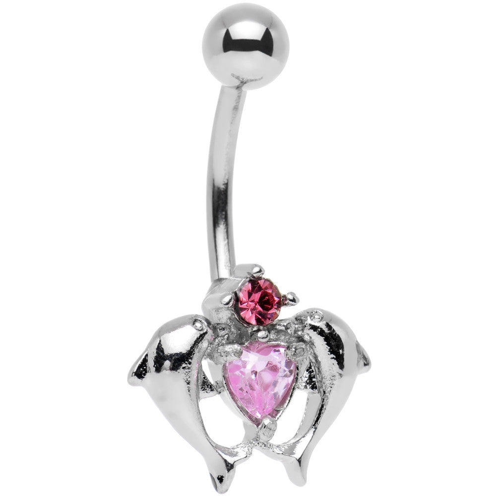 Pink Gem Double Dolphin Heart Bottom Mount Belly Ring