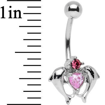 Pink Gem Double Dolphin Heart Bottom Mount Belly Ring