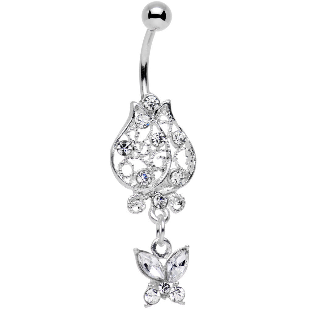 Clear Gem Framework Flower Butterfly Dangle Belly Ring