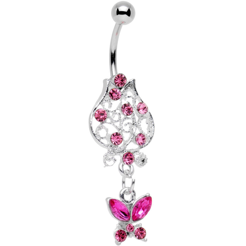 Pink Gem Framework Flower Butterfly Dangle Belly Ring