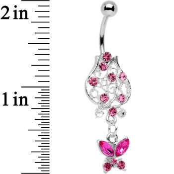 Pink Gem Framework Flower Butterfly Dangle Belly Ring