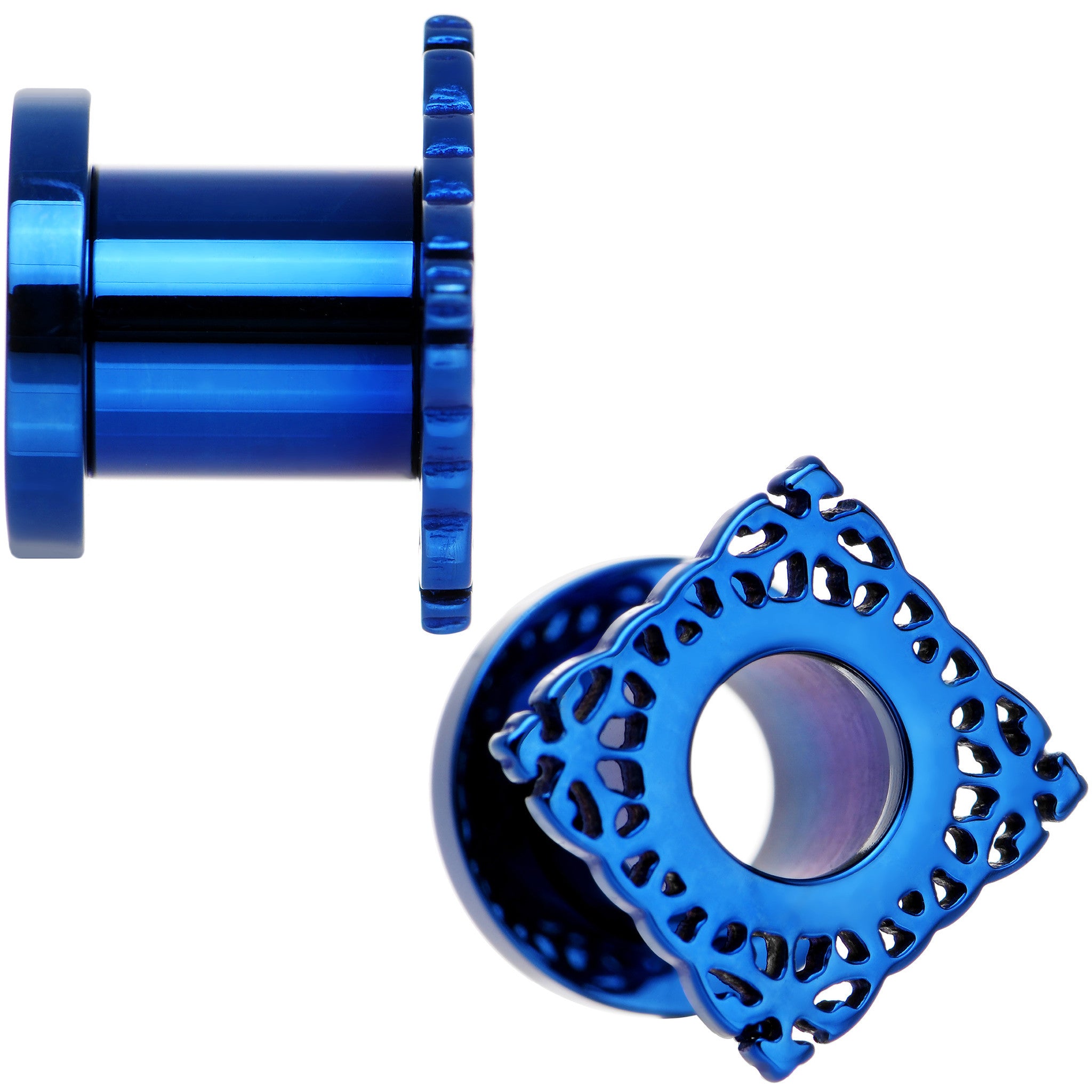 0 Gauge Blue PVD Filigree Frame Screw Fit Tunnel Plug Set