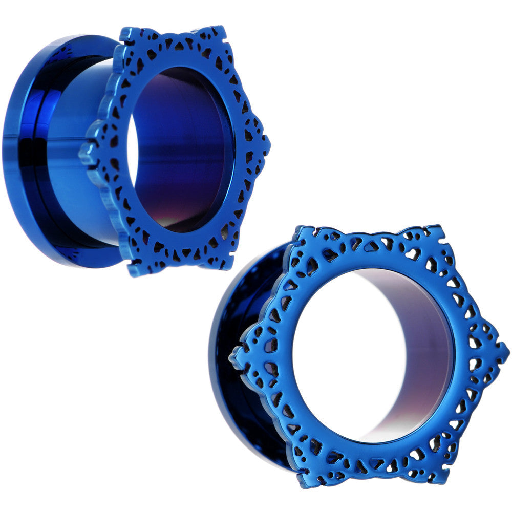 5/8 Blue PVD Filigree Frame Screw Fit Tunnel Plug Set