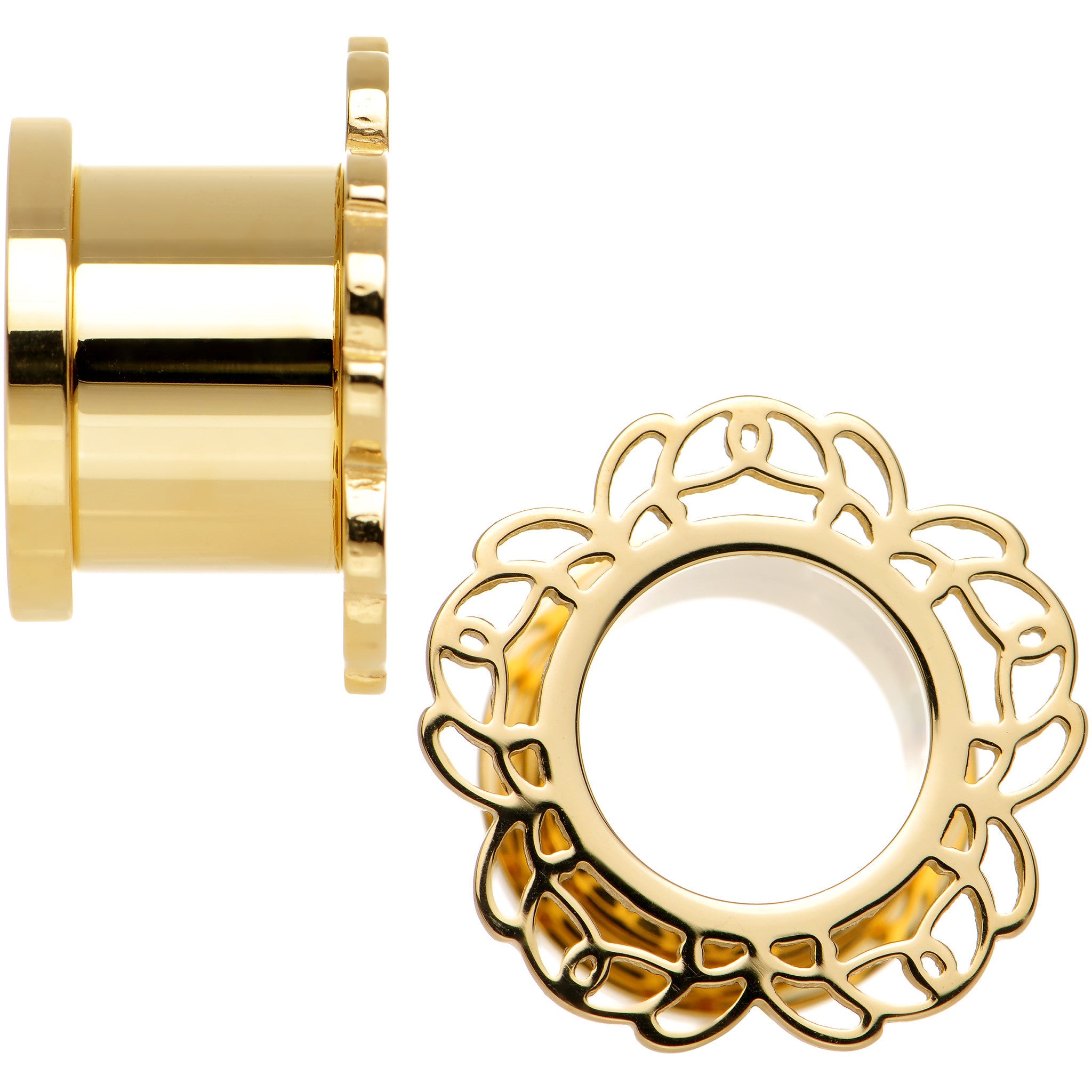 1/2 Gold PVD Filigree Flower Screw Fit Tunnel Plug Set