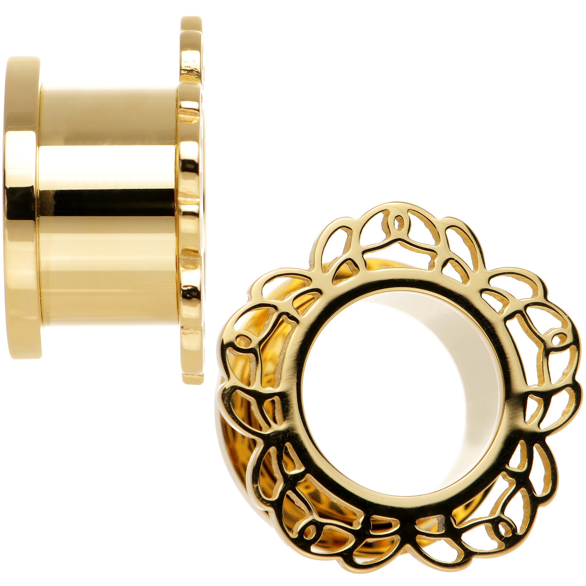 9/16 Gold PVD Filigree Flower Screw Fit Tunnel Plug Set