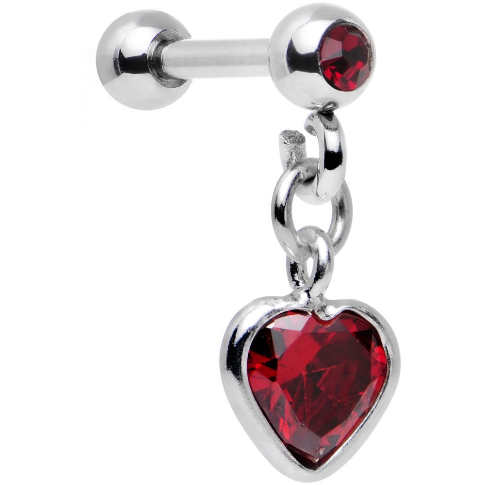 16 Gauge 1/4 Red Gem 925 Silver Heart Dangle Cartilage Earring