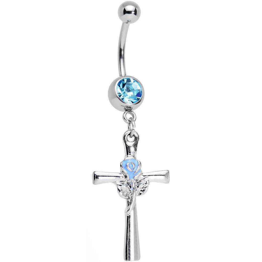 Baby Blue Gem Cross and Rose Flower Loving Spirit Dangle Belly Ring