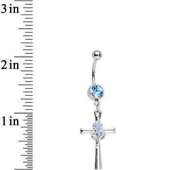 Baby Blue Gem Cross and Rose Flower Loving Spirit Dangle Belly Ring