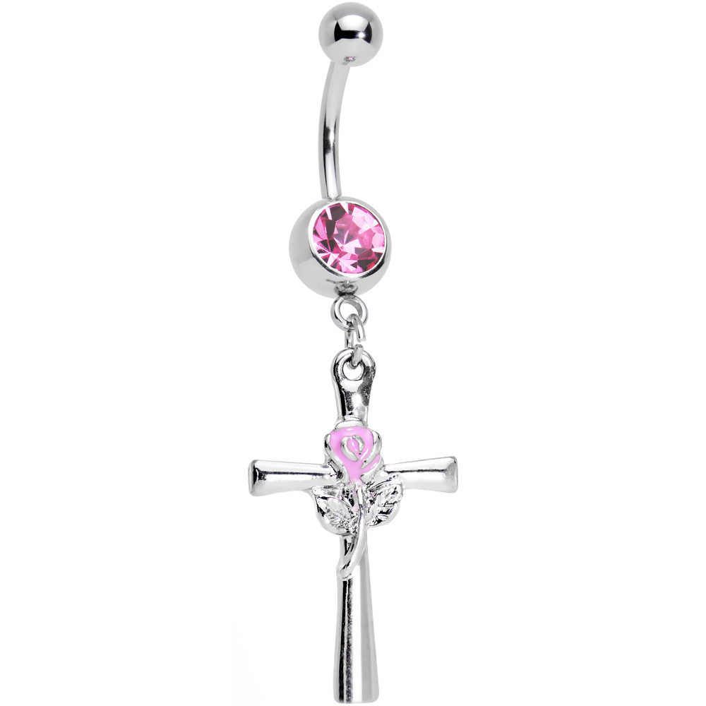 Rosy Pink Gem Cross and Rose Flower Loving Spirit Dangle Belly Ring