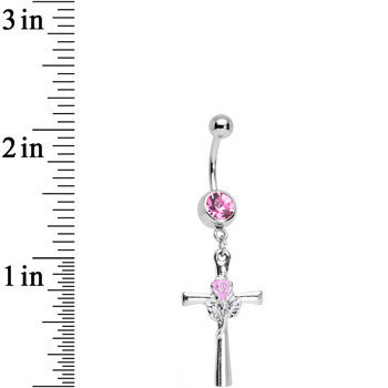 Rosy Pink Gem Cross and Rose Flower Loving Spirit Dangle Belly Ring