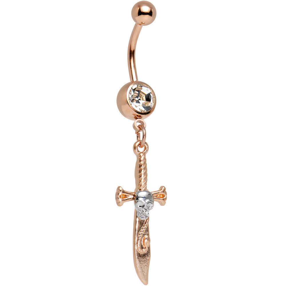 Clear Gem Rose Gold Anodized Skull Pirate Sword Dangle Belly Ring