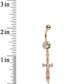 Clear Gem Rose Gold Anodized Skull Pirate Sword Dangle Belly Ring