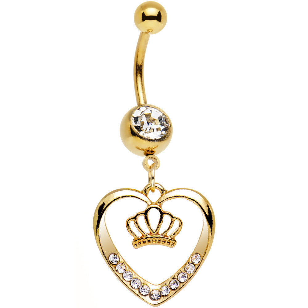 Clear Gem Gold Anodized Claddagh Heart and Crown Dangle Belly Ring