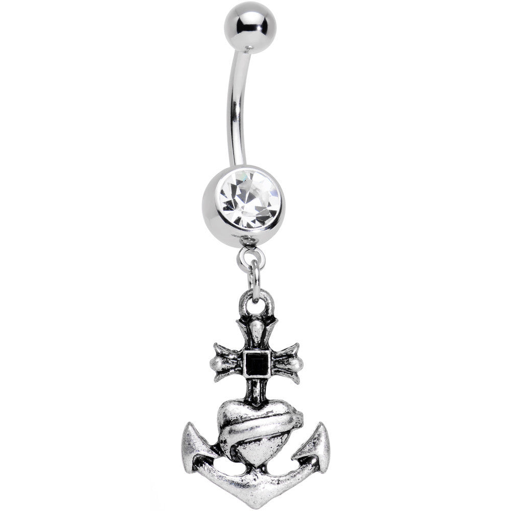 Clear Gem Tattoo Flash Anchor and Heart with Banner Dangle Belly Ring