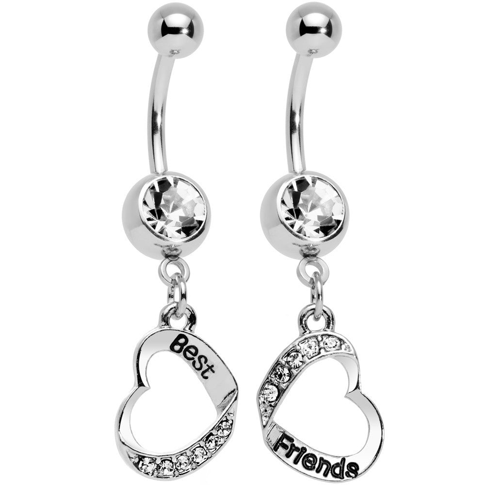 Clear Gem Best and Friends Matching Heart Dangle Belly Ring Set