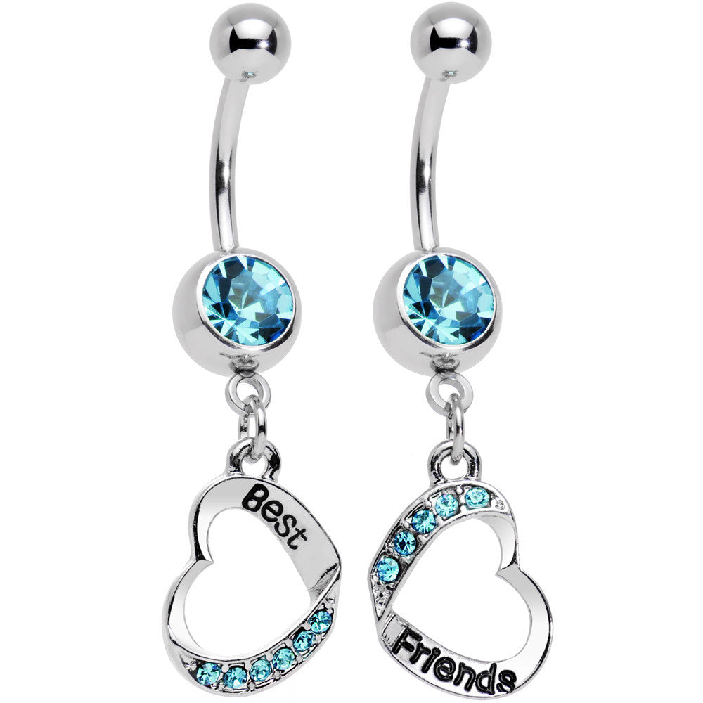 Baby Blue Gem Best and Friends Matching Heart Dangle Belly Ring Set