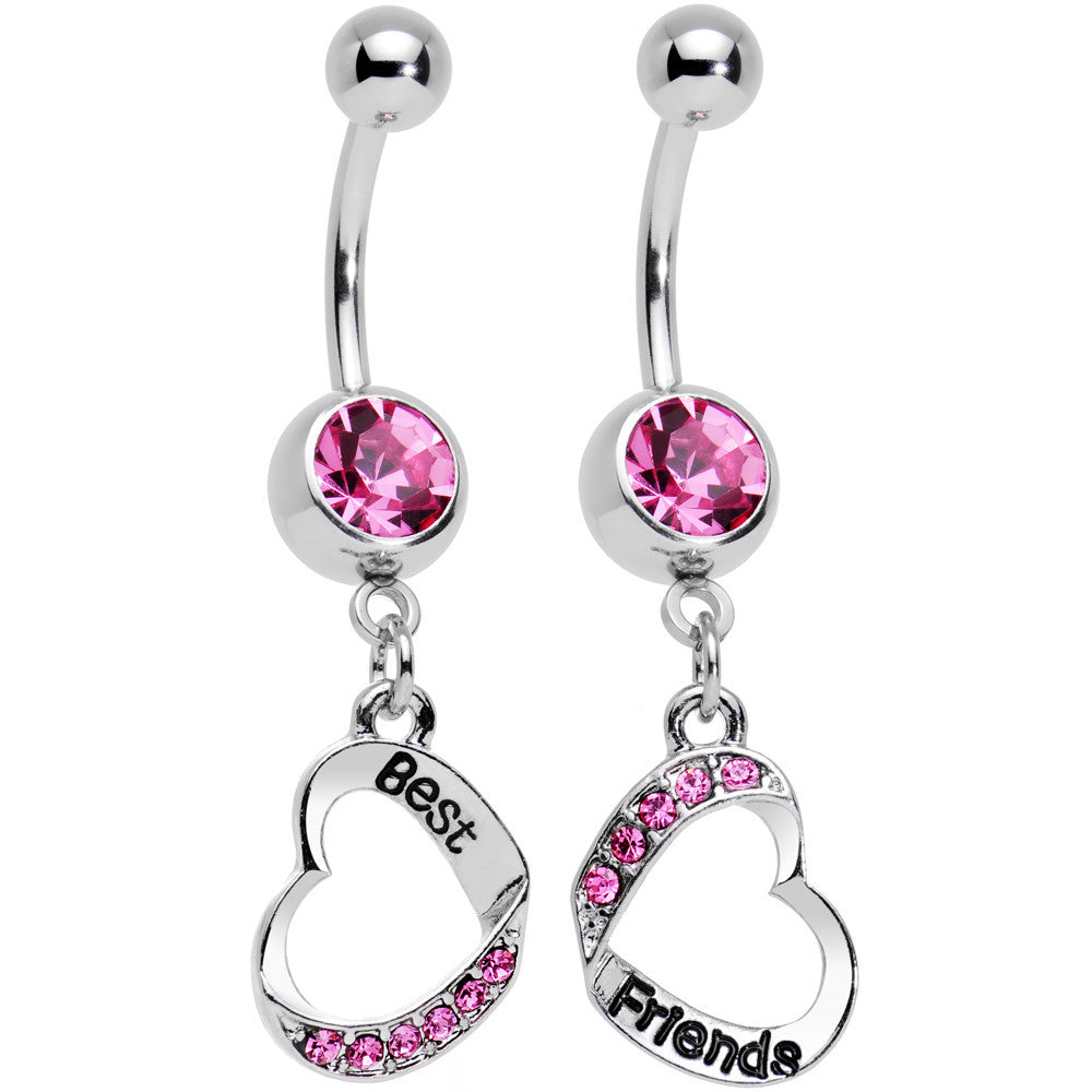 Rosy Pink Gem Best and Friends Matching Heart Dangle Belly Ring Set