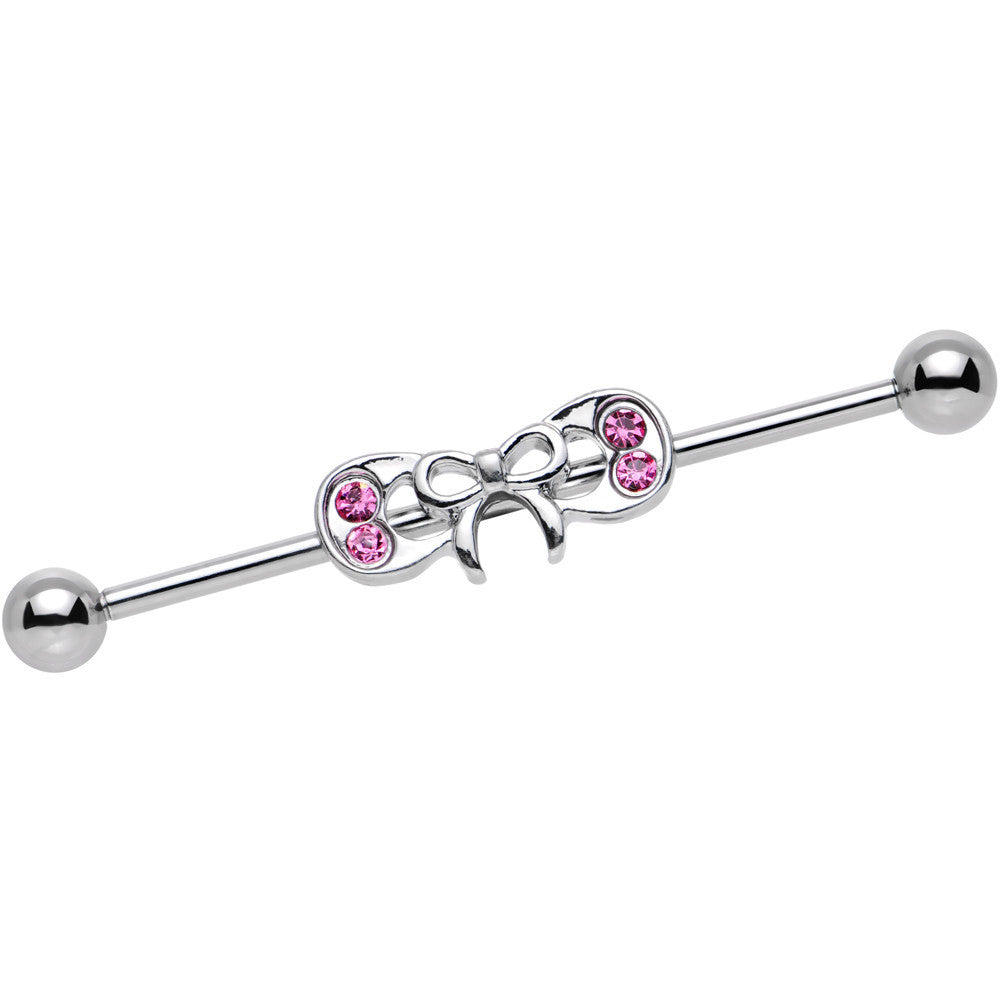 14 Gauge Pink Gem Steel Studded Girlie Bow Industrial Barbell 38mm