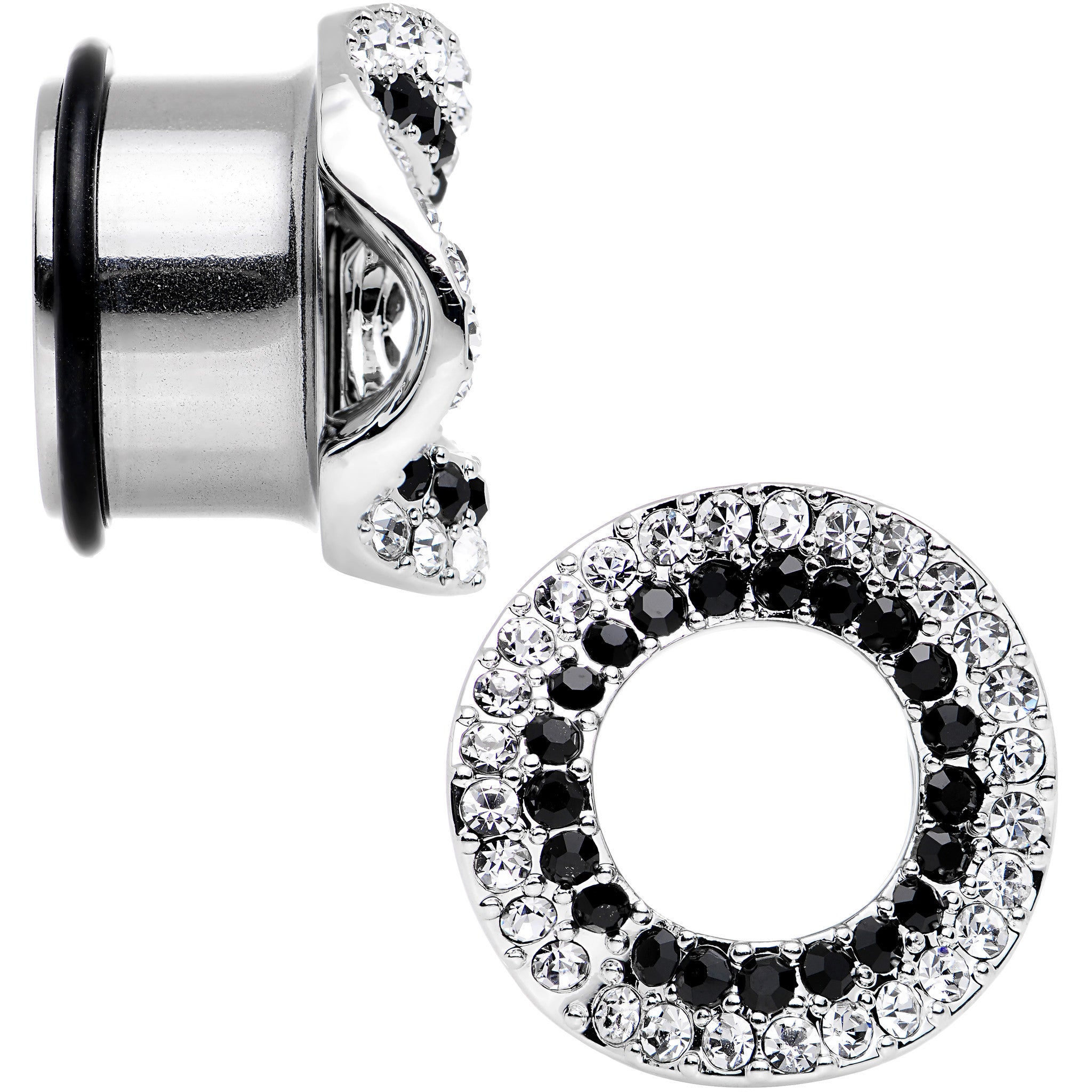 18mm Clear Black Gem Steel Warped Ring Single Flare Tunnel Plug Set