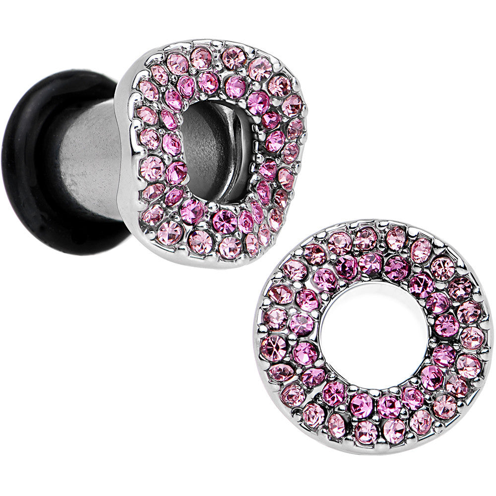 2 Gauge Pink Gem Steel Warp Ring Single Flare Tunnel Plug Set