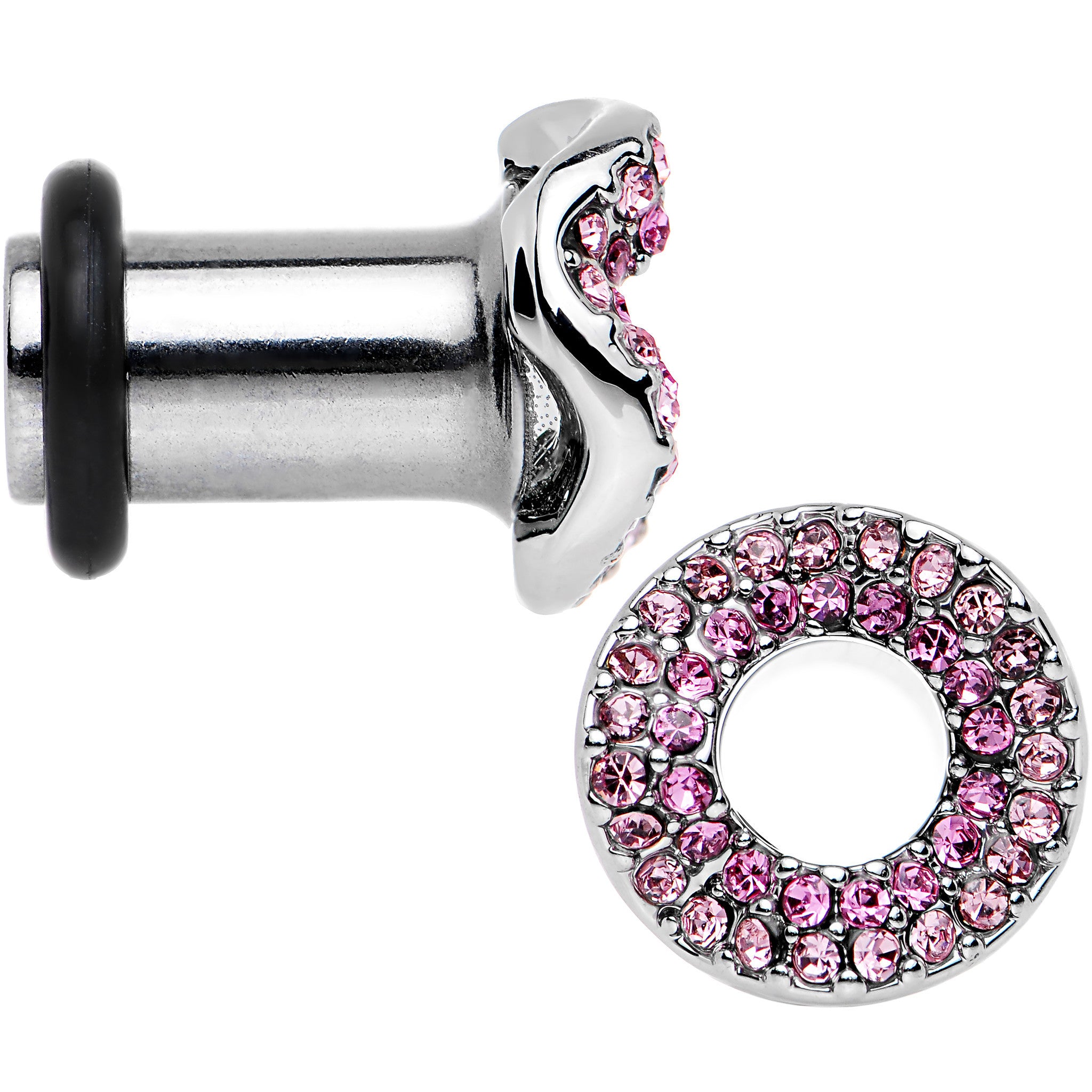 2 Gauge Pink Gem Steel Warp Ring Single Flare Tunnel Plug Set